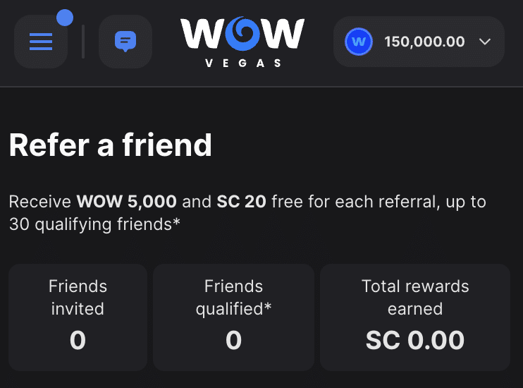 WOW Vegas refer a friend rewards